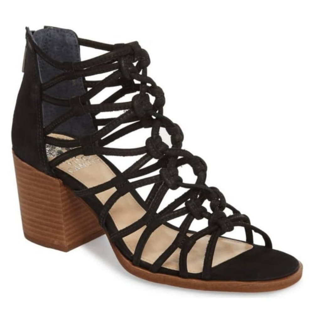 Vince Camuto Karika Black Cage Suede Strappy Ankle Block Heel Sandals Si…